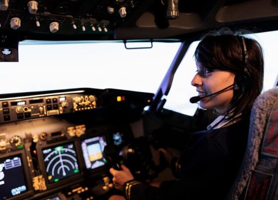aircrew member flying plane from cockpit with dashboard command control panel using steering wheel control panel windscreen navigation woman using lever fly aircraft 482257 46708