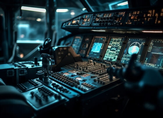 nighttime cockpit commercial airplane with illuminated control panel speedometer generated by ai 1