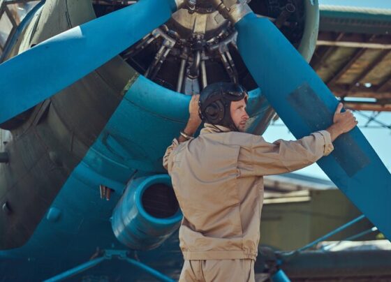 pilot mechanic full flight gear checks propeller his retro military aircraft before flight 613910 5276