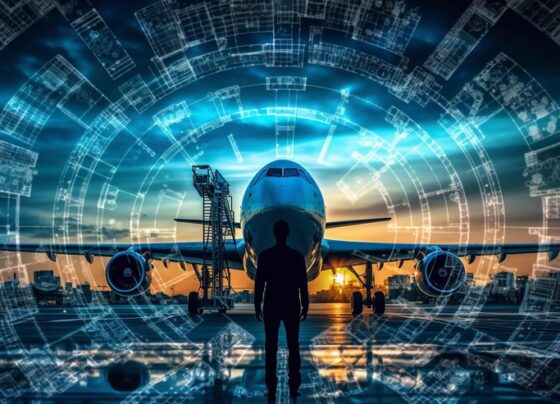 technology digital future commercial air transport concept airplane taking off from airport runway city skyline world map background with copy space moving by speed motion generative ai 493343 36041