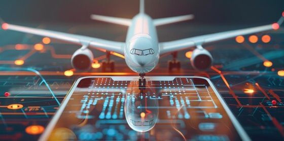 sleekangular aircraft ascending from smartphone displaysymbolizing seamless digital physical travel constructivistinspired graphic design 924727 5096